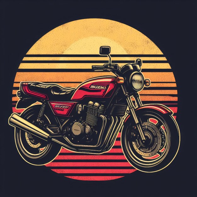 Illustration vectorielle du coucher de soleil rétro et de la moto Suzuki