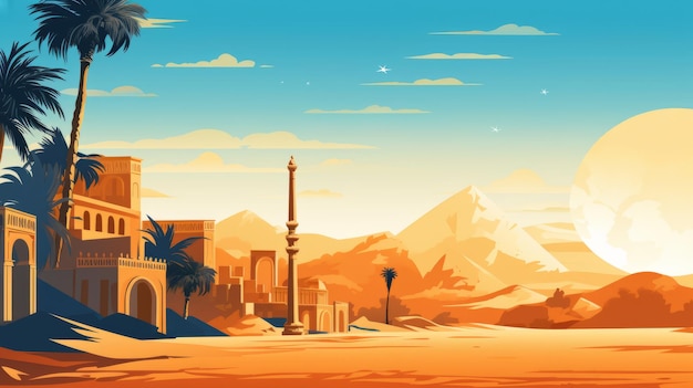 Illustration vectorielle du paysage de la ville de dessins animés du coucher de soleil du Sahara en Égypte