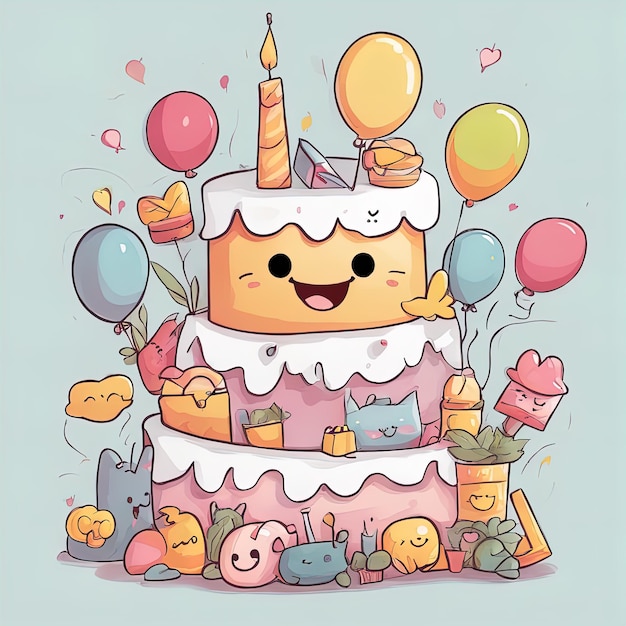 illustration vectorielle du personnage de dessin animé d'anniversaire mignon gâteau de joyeux anniversaire avec une bougie de dessin animé cha