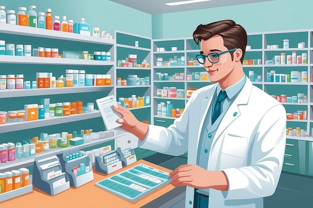 Une illustration vectorielle du pharmacien travaillant à la pharmacie