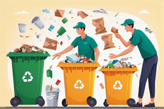 illustration vectorielle du tri des déchets tri des déchets par matériau et type dans une poubelle