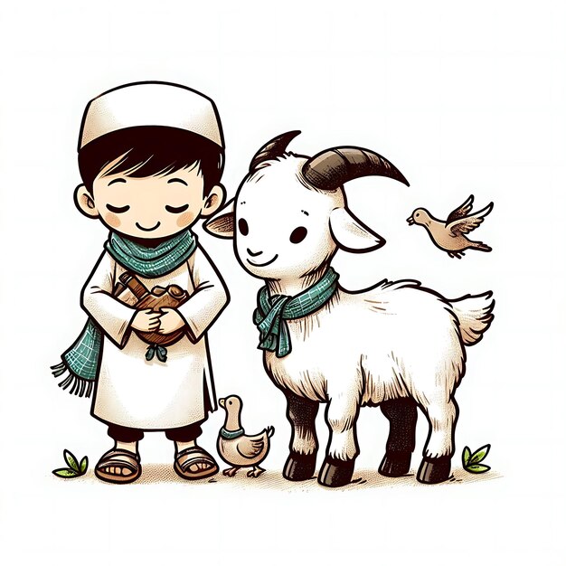 Illustration vectorielle d'Eid ul adha un garçon avec une chèvre à sacrifier