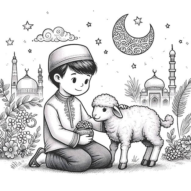 Illustration vectorielle d'Eid ul adha un garçon avec une chèvre à sacrifier