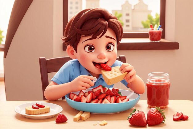 Illustration vectorielle d'un enfant mangeant du pain et de la confiture de fraises