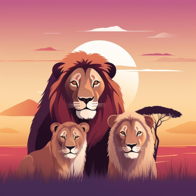 illustration vectorielle de la famille des lions au coucher du soleil