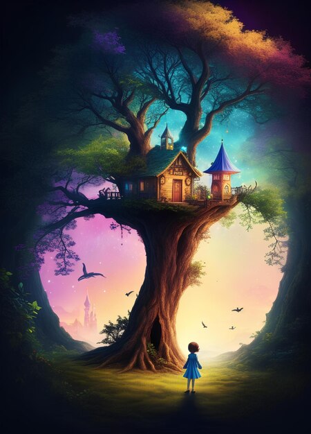 Illustration vectorielle de fantaisie magique enfants heureux pays des rêves conte de fées maison d'arbre d'art conceptuel coloré