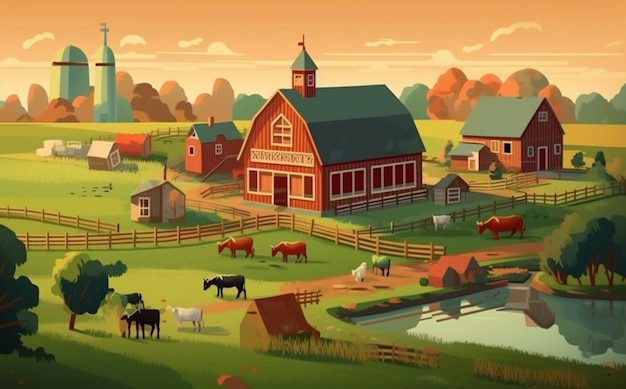Une illustration vectorielle d'une ferme avec un étang et des chevaux génératifs ai