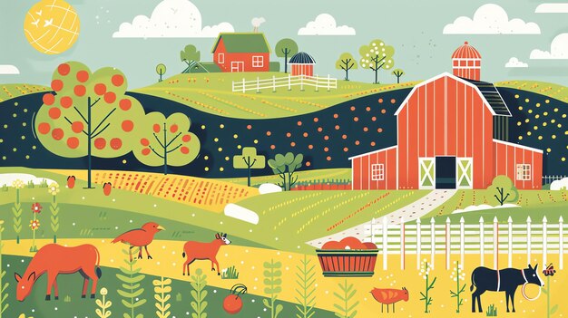 Photo une illustration vectorielle d'une ferme la ferme a une grange rouge un silo un moulin à vent et quelques animaux il y a aussi des arbres et des cultures