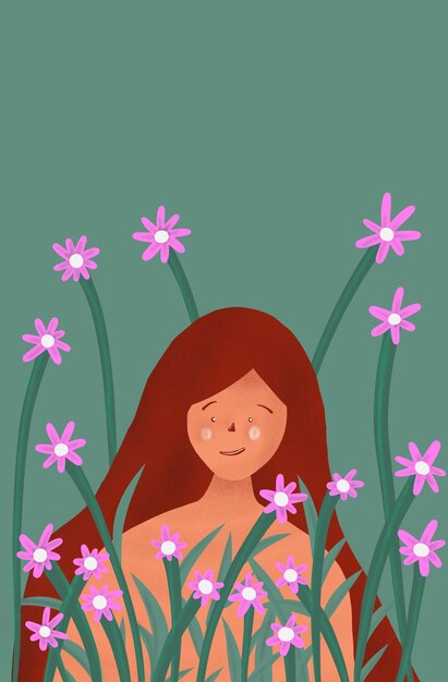 Illustration vectorielle d'une fille entourée de fleurs sur fond vert journée de la femme