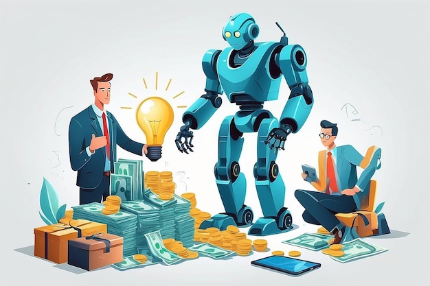 Illustration vectorielle sur fond blanc Les porteurs d'affaires sont une équipe prospère L'investisseur garde de l'argent dans des idées finançant des projets créatifs Poignée de main pour les robots et les hommes