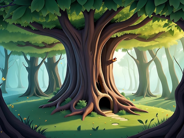 Illustration vectorielle Fond de forêt fantastique avec arbre creux