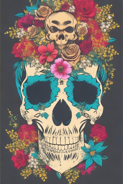 Illustration vectorielle gratuite d'un crâne et de fleurs sur un t-shirt