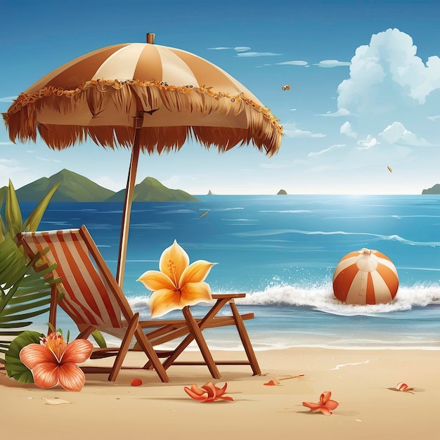 Illustration vectorielle gratuite des vacances d'été sur fond bleu ciel avec des éléments de plage et des tropiques