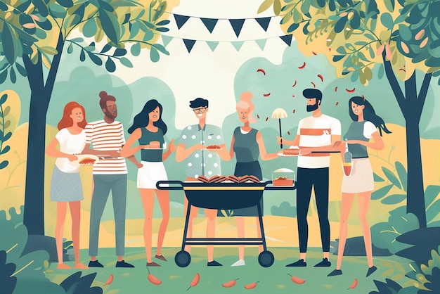 Photo illustration vectorielle d'un groupe d'amis faisant une fête en plein air en se concentrant sur le barbecue avec de la nourriture sur le poêle