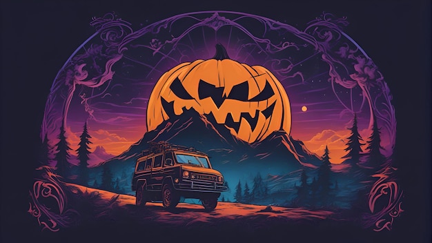 Photo illustration vectorielle d'halloween voiture avec une citrouille sur le fond des montagnes
