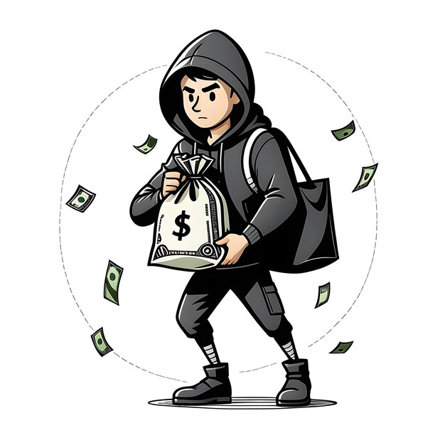 illustration vectorielle d'un homme dans un sweat à capuche noir avec un sac d'argent