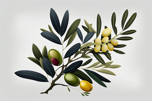 Illustration vectorielle d'huile d'olive et d'une branche d'olives sur fond gris