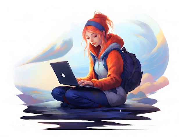 Illustration vectorielle indépendante de travail à distance travaillant sur un ordinateur portable chez elle