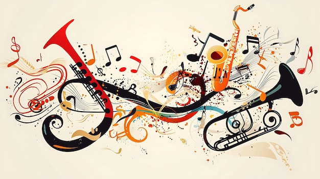 Illustration vectorielle d'un instrument de musique L'image présente une trompette de saxophone et un trombone avec des éléments abstraits colorés