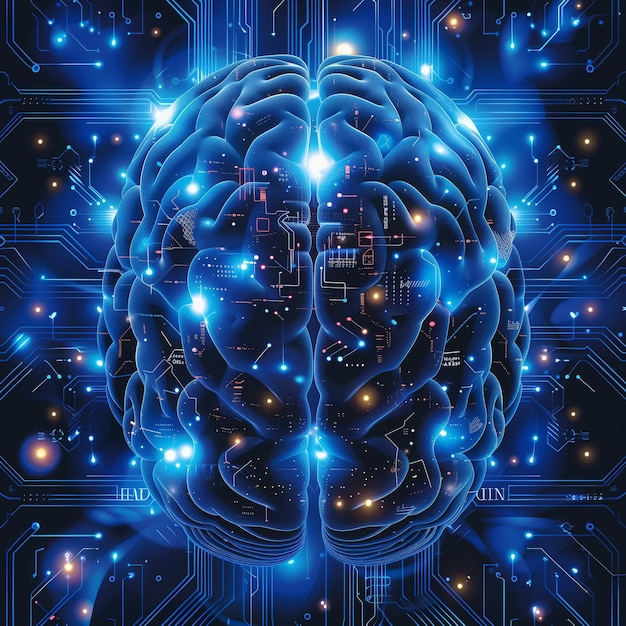 Illustration vectorielle d'intelligence artificielle d'un cerveau bleu brillant sur un fond de carte de circuit imprimé wi