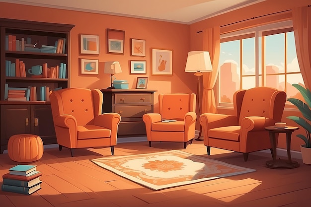 Photo illustration vectorielle d'un intérieur de dessin animé confortable d'une pièce d'une maison orange