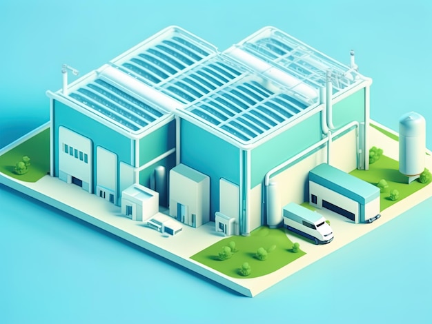 Illustration vectorielle isométrique 3 d de l'usine avec un panneau solaire