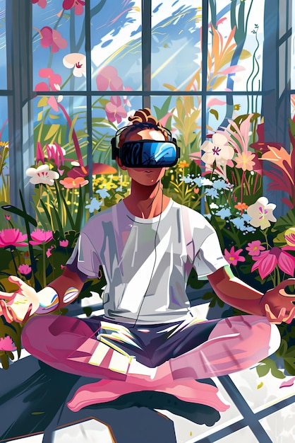 Photo illustration vectorielle d'un jeune homme avec des lunettes virtuelles faisant du yoga