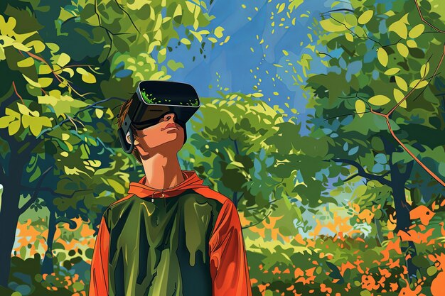 Illustration vectorielle d'un jeune homme avec des lunettes virtuelles il est dans un parc