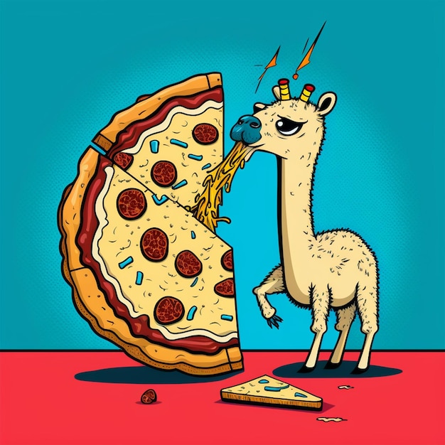 L'illustration vectorielle d'un lama qui mange une pizza