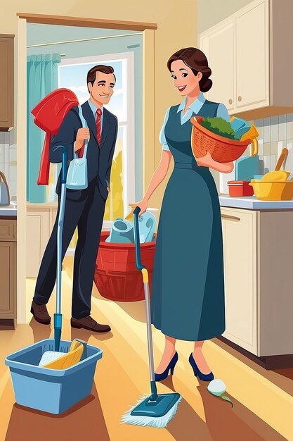 Une illustration vectorielle de la mère allant au travail pendant que le père fait les tâches ménagères