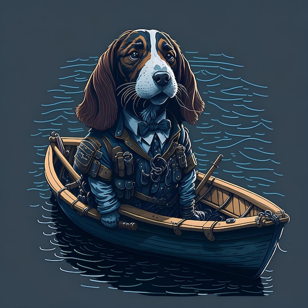 Illustration vectorielle d'un mignon chien petit basset portant des vêtements de soldat conduisant un bateau dans la mer