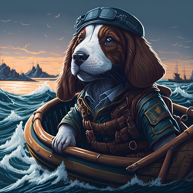 Illustration vectorielle d'un mignon chien petit basset portant des vêtements de soldat conduisant un bateau dans la mer