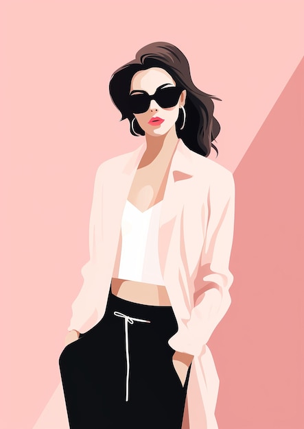 Photo illustration vectorielle minimale plate d'une femme de mode 2d, fond rose pour la conception d'affiches