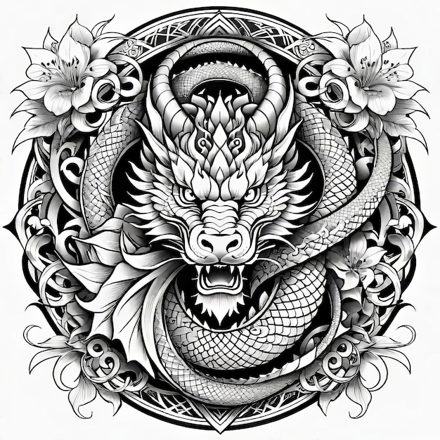 Photo illustration vectorielle modèle de tatouage de dragon chinois asiatique motifs et ornements asiatiques