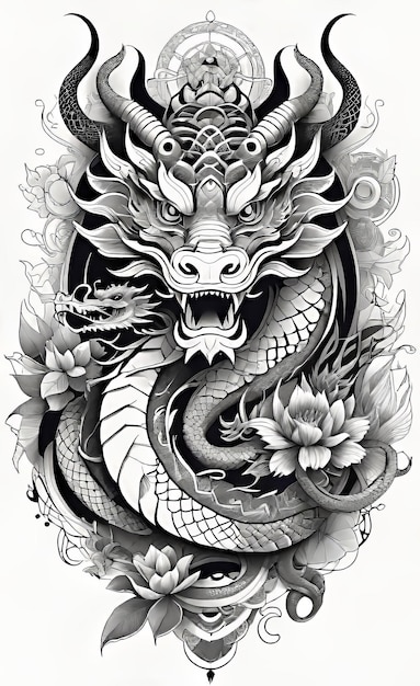 Photo illustration vectorielle modèle de tatouage de dragon chinois asiatique motifs et ornements asiatiques