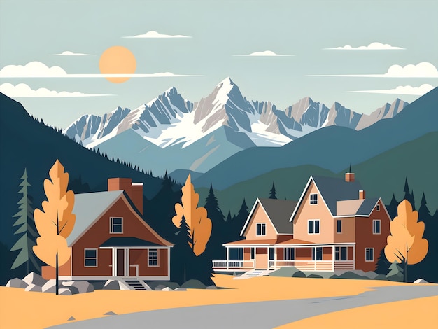 Photo illustration vectorielle des montagnes avec des arbres et des maisons