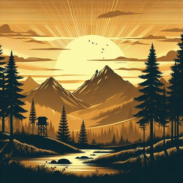 Illustration vectorielle d'un paysage au crépuscule