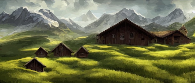 Illustration vectorielle de paysage plat de campagne d'été Vue nature ciel montagnes maisons de village confortables Maison