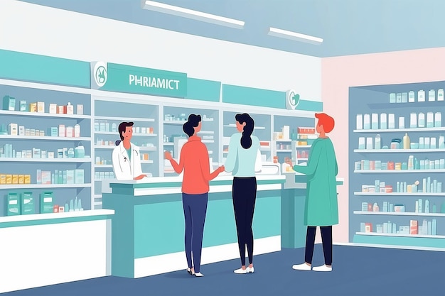 Illustration vectorielle de la pharmacie avec le pharmacien et la file d'attente des clients