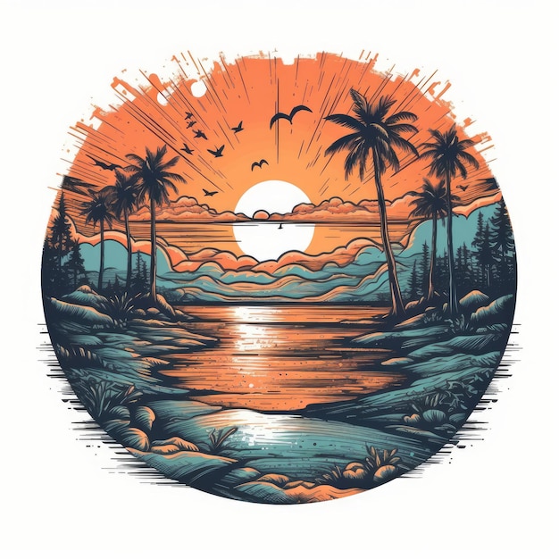 illustration vectorielle de plage coucher de soleil pour t-shirt dessiné dans Adobe Illustrator