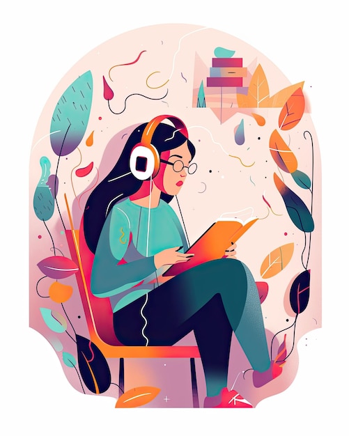 Illustration vectorielle plane d'un personnage féminin lisant et écoutant un livre audio créé avec la technologie Generative AI