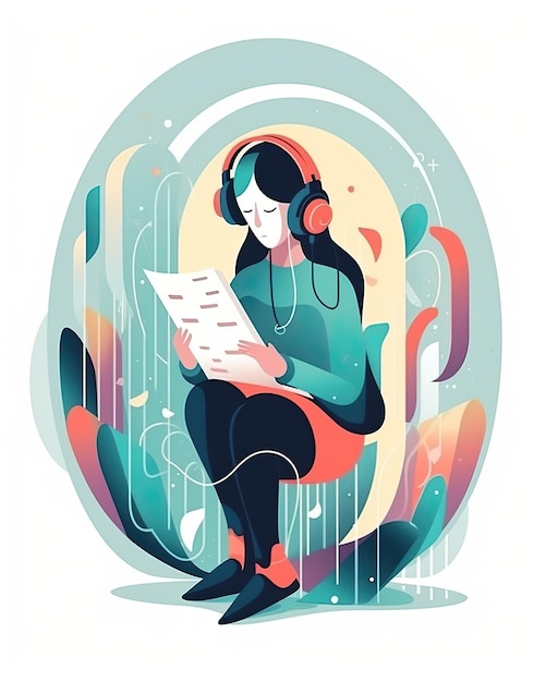 Photo illustration vectorielle plane d'un personnage féminin lisant et écoutant un livre audio créé avec la technologie generative ai