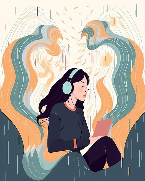 Illustration vectorielle plane d'un personnage féminin lisant et écoutant un livre audio créé avec la technologie Generative AI