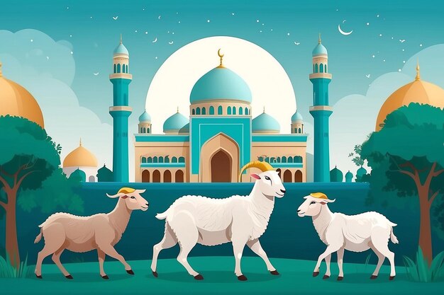 Illustration vectorielle plate d'Eid Al Adha avec un animal de chèvre ou de mouton et une mosquée Animal de sacrifice