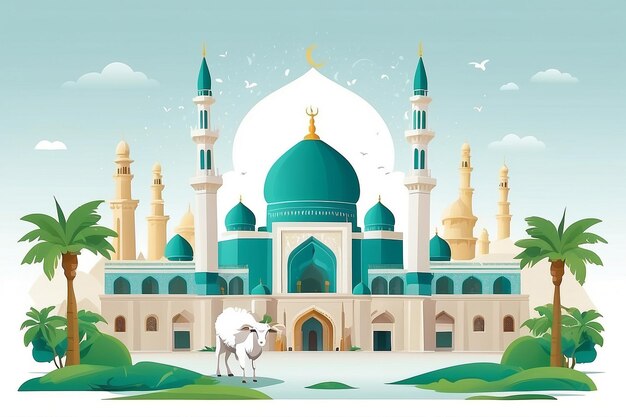 Photo illustration vectorielle plate d'eid al adha avec un animal de chèvre ou de mouton et une mosquée animal de sacrifice