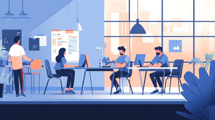 Photo une illustration vectorielle plate d'un espace de bureau moderne avec une équipe de quatre personnes travaillant sur des ordinateurs portables