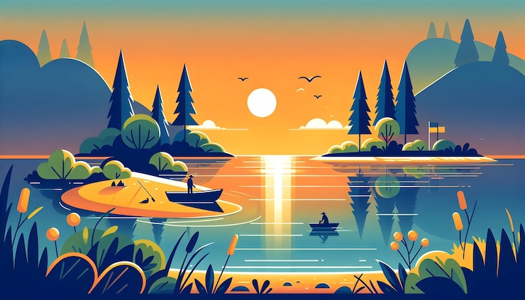 Photo illustration vectorielle plate simple comme une soirée d'été sur un lac tranquille concept comme un lac paisible