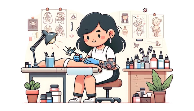Photo illustration vectorielle plate d'un tatoueur au travail en train d'encrer un dessin sur la peau dans son studio fille