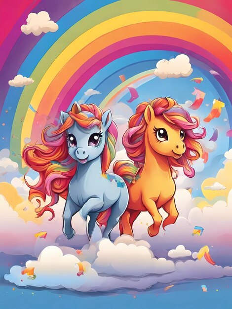 illustration vectorielle des poneys dansant sur un arc-en-ciel