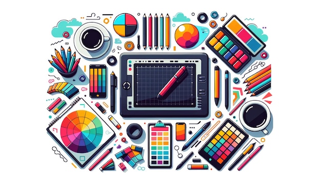 Illustration vectorielle présentant un studio d'art numérique moderne avec des stylos de tablettes graphiques